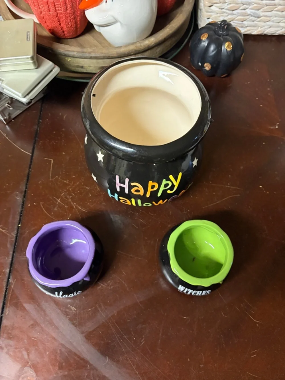 Happy Halloween Ceramic Cauldron Candle Holder - Black with Multicolor Lettering